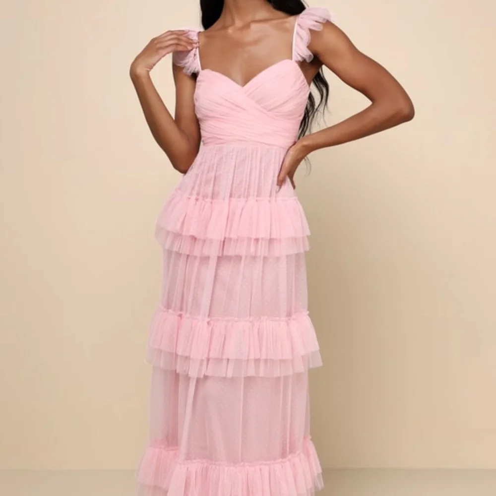 BRAND NRW W TAGS: Lulus Pure Radiance Pink Mesh Swiss Dot Tiered Maxi - Size S - Picture 1 of 1